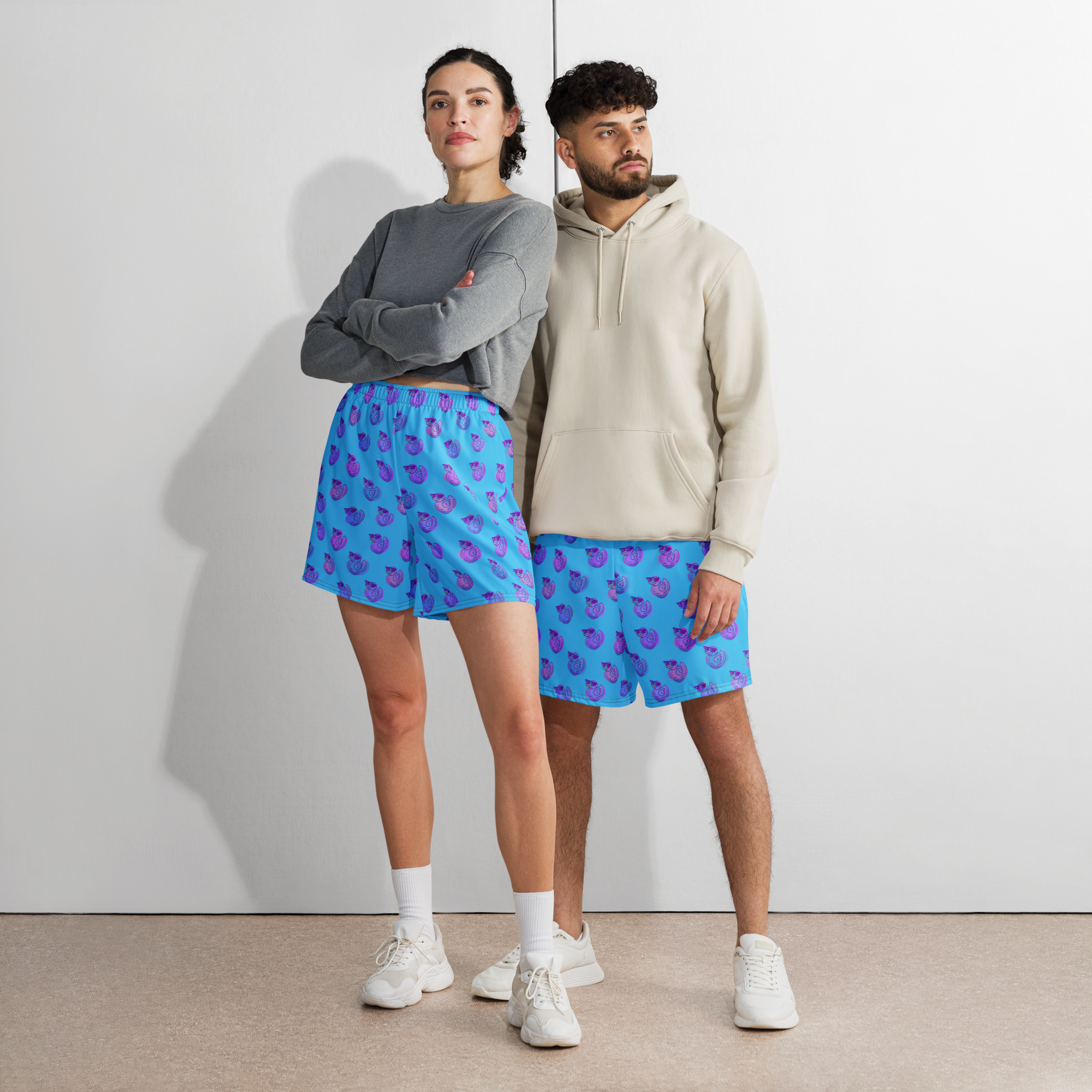 ducks in sky blue unisex long shorts